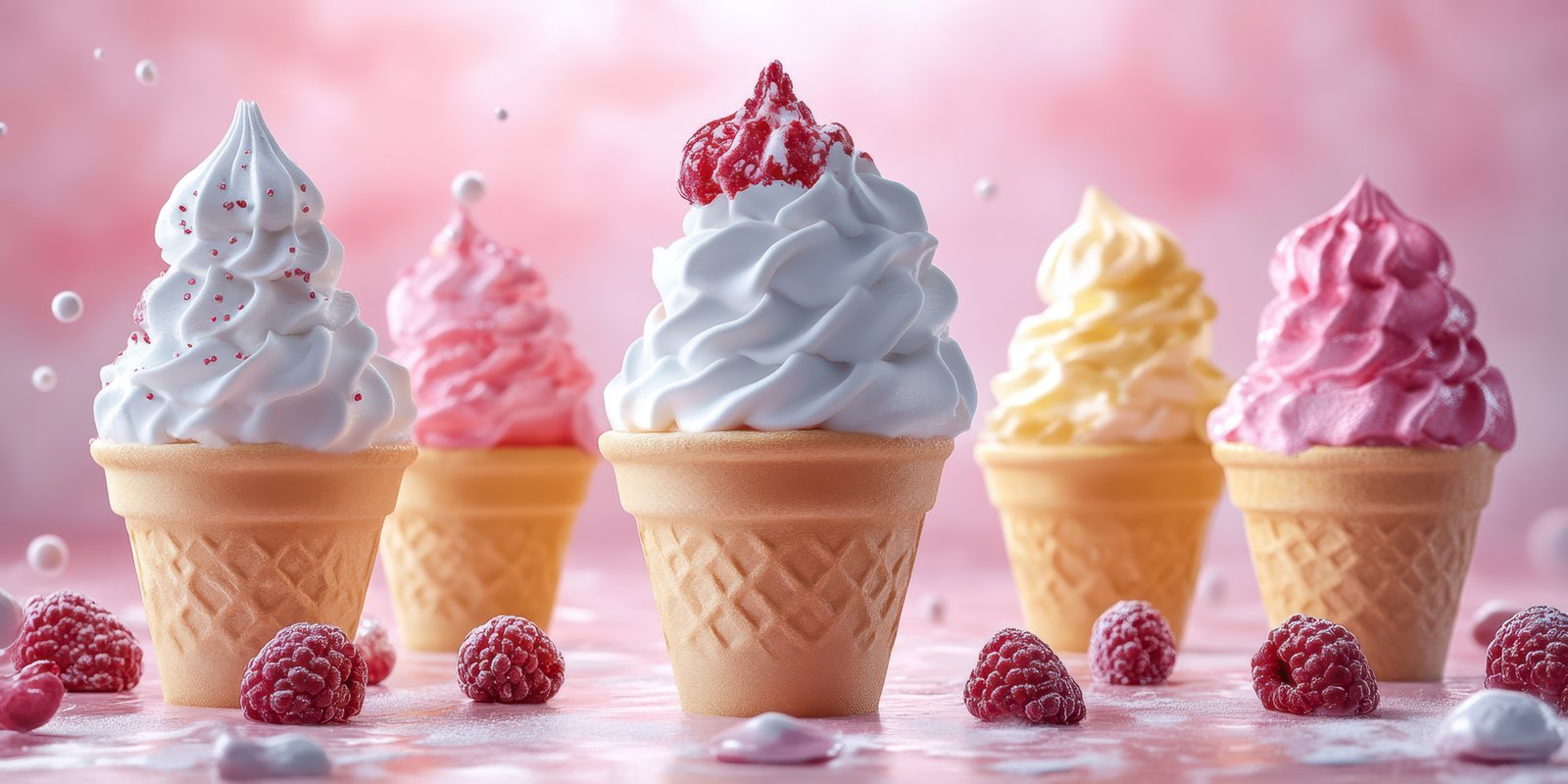 Delectable variety of soft serve ice cream cones displayed on a pastel background with fresh raspberries